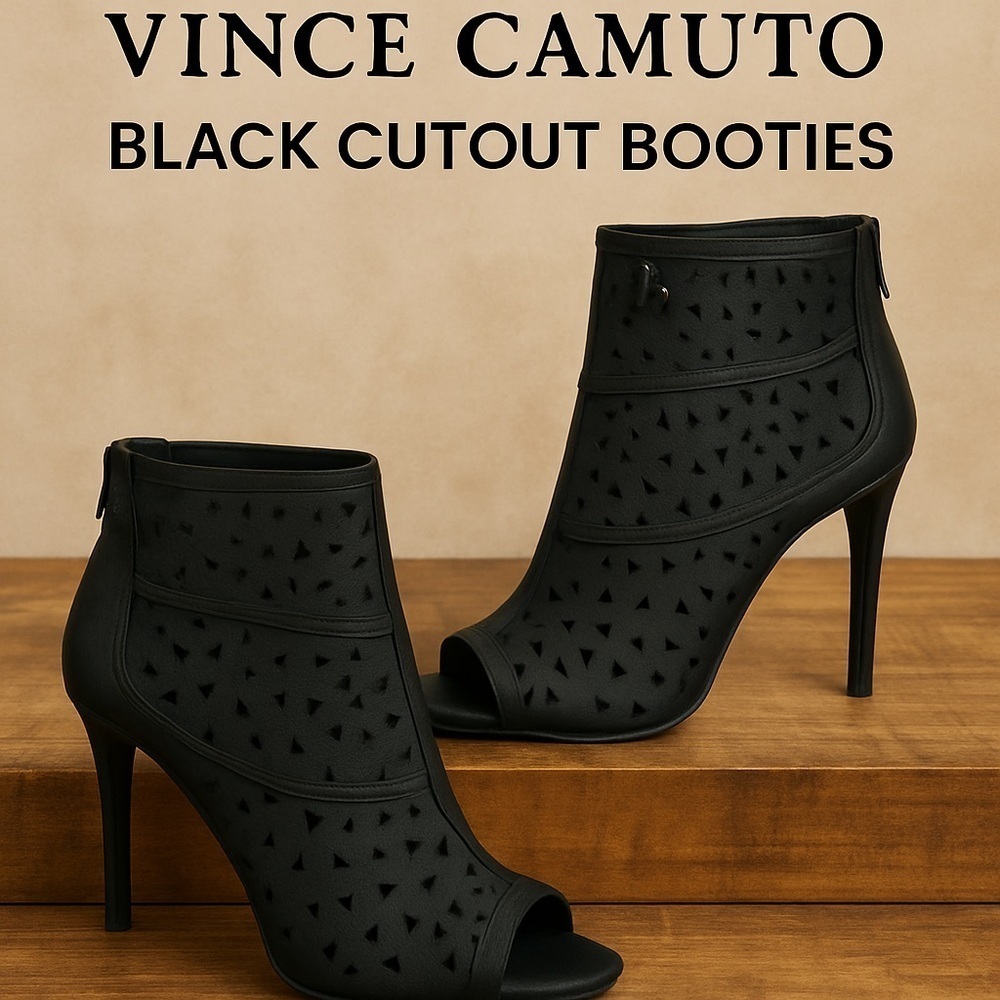 Vince Camuto Black Leather Peep Toe Cutout Booties Heels Size 8.5